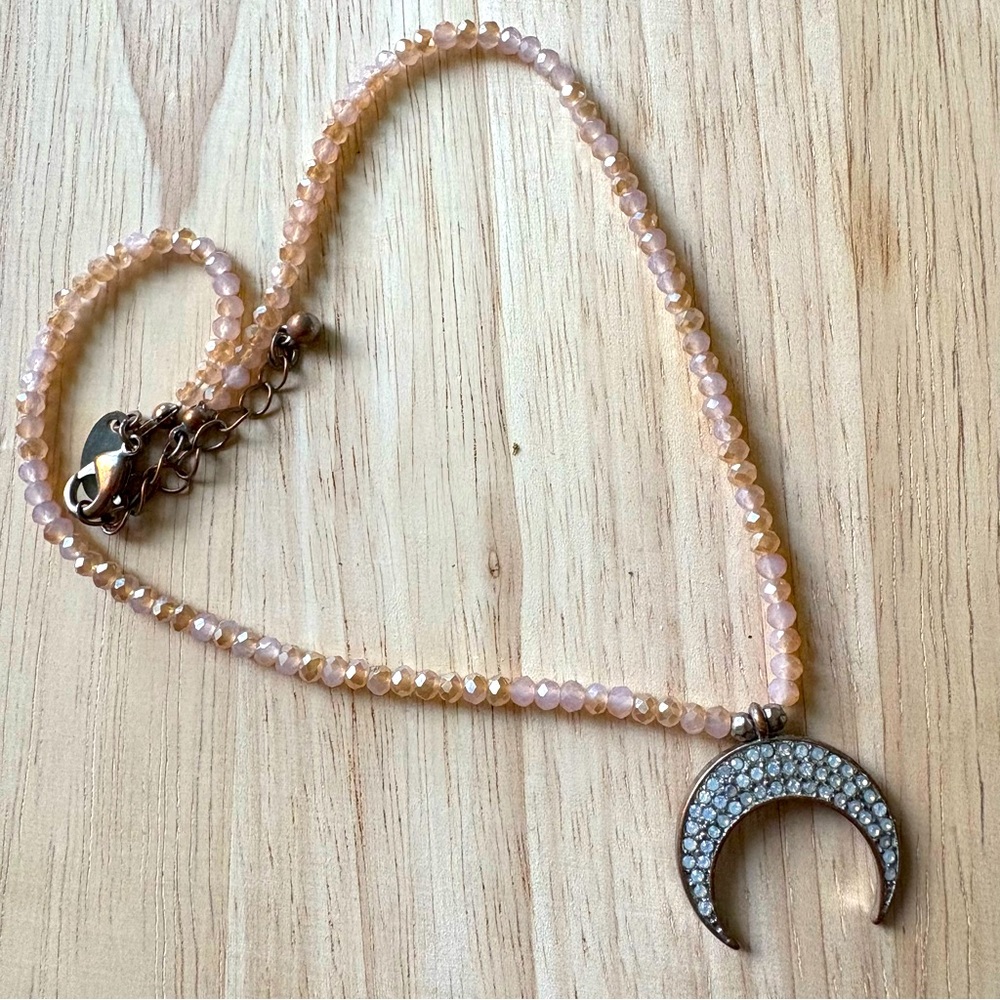 Elegant Crescent Moon Pendant Necklace with Coral Colored Beads